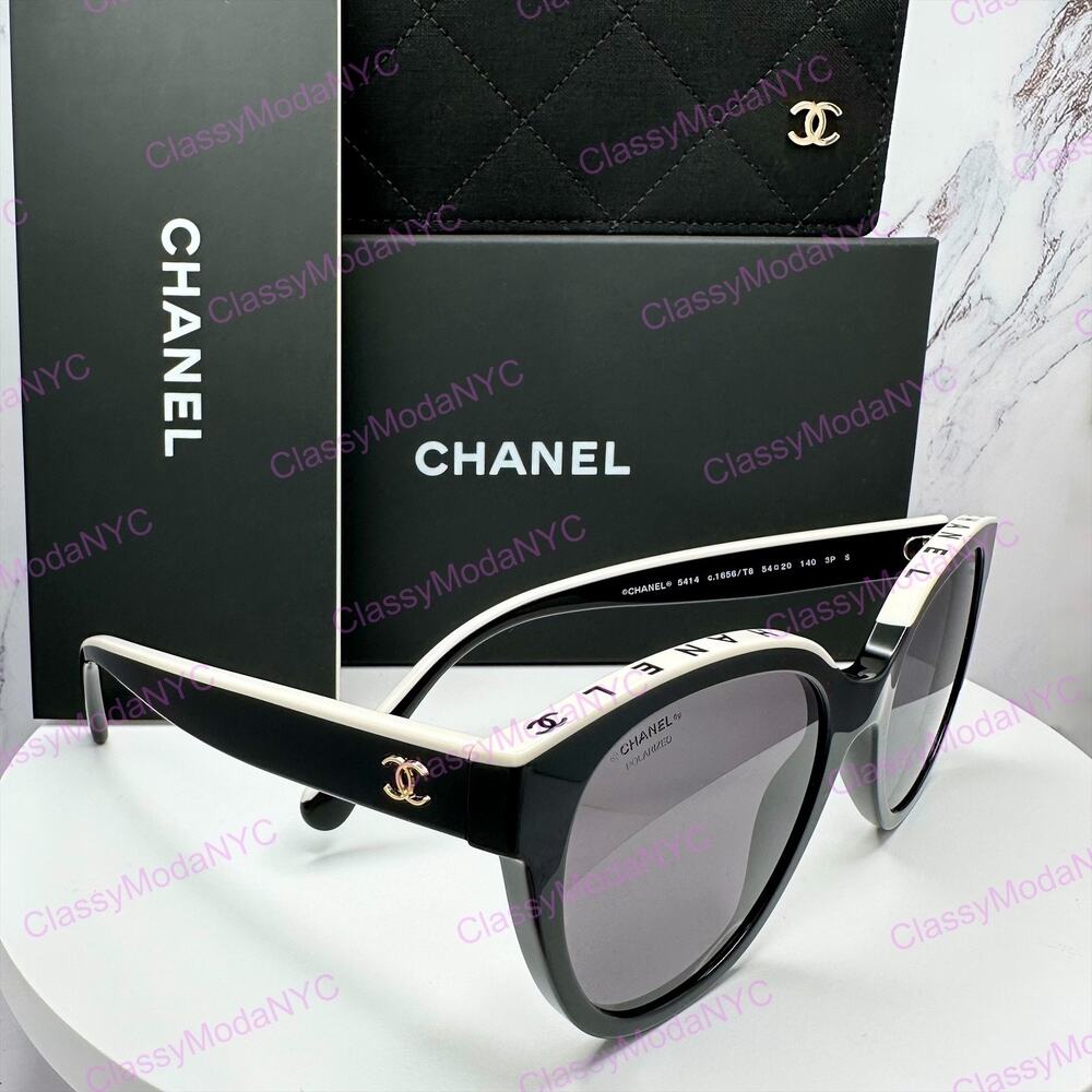 CHANEL Sunglasses Black & White 5414 1656T8 Top Polarized Gold CC Logo Womens